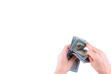 Counting paper money, American hundred dollar bills being counted by female hands. Transparent background. Copy space.