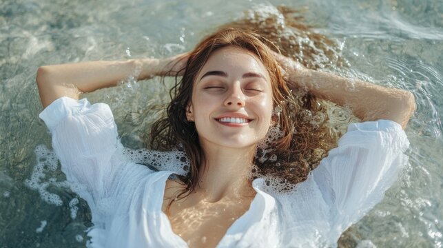 Young cheerful relaxed woman in a white shirt lying in a natural sea bath on the seashore. Thalassotherapy wellness concept