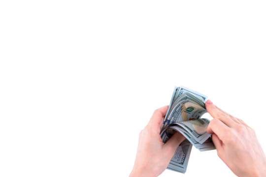 Counting paper money, American hundred dollar bills being counted by female hands. Transparent background. Copy space.