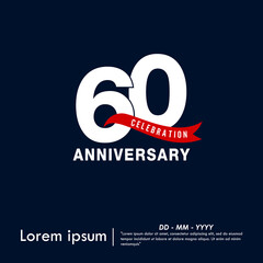 60th years anniversary celebration emblem. elegant anniversary logo isolated with red ribbon on dark blue background. vector illustration template design for web, flyers, poster, invitation card