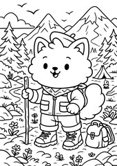 A fluffy kitten in hiking gear with a stick stands in a scenic mountain landscape with trees, flowers, a tent and birds. This is a black and white illustration for children’s coloring books.