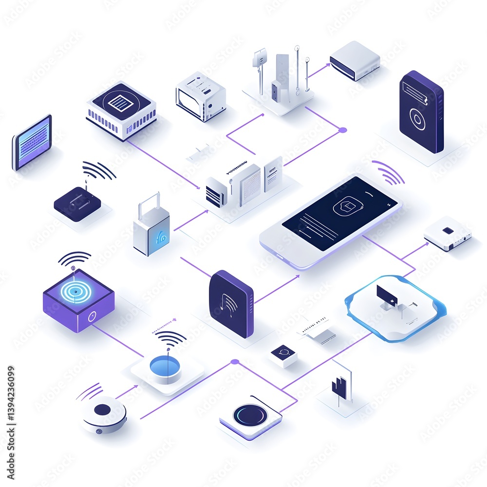 Poster a sophisticated network of interconnected smart devices, including a mobile phone, showcasing the se