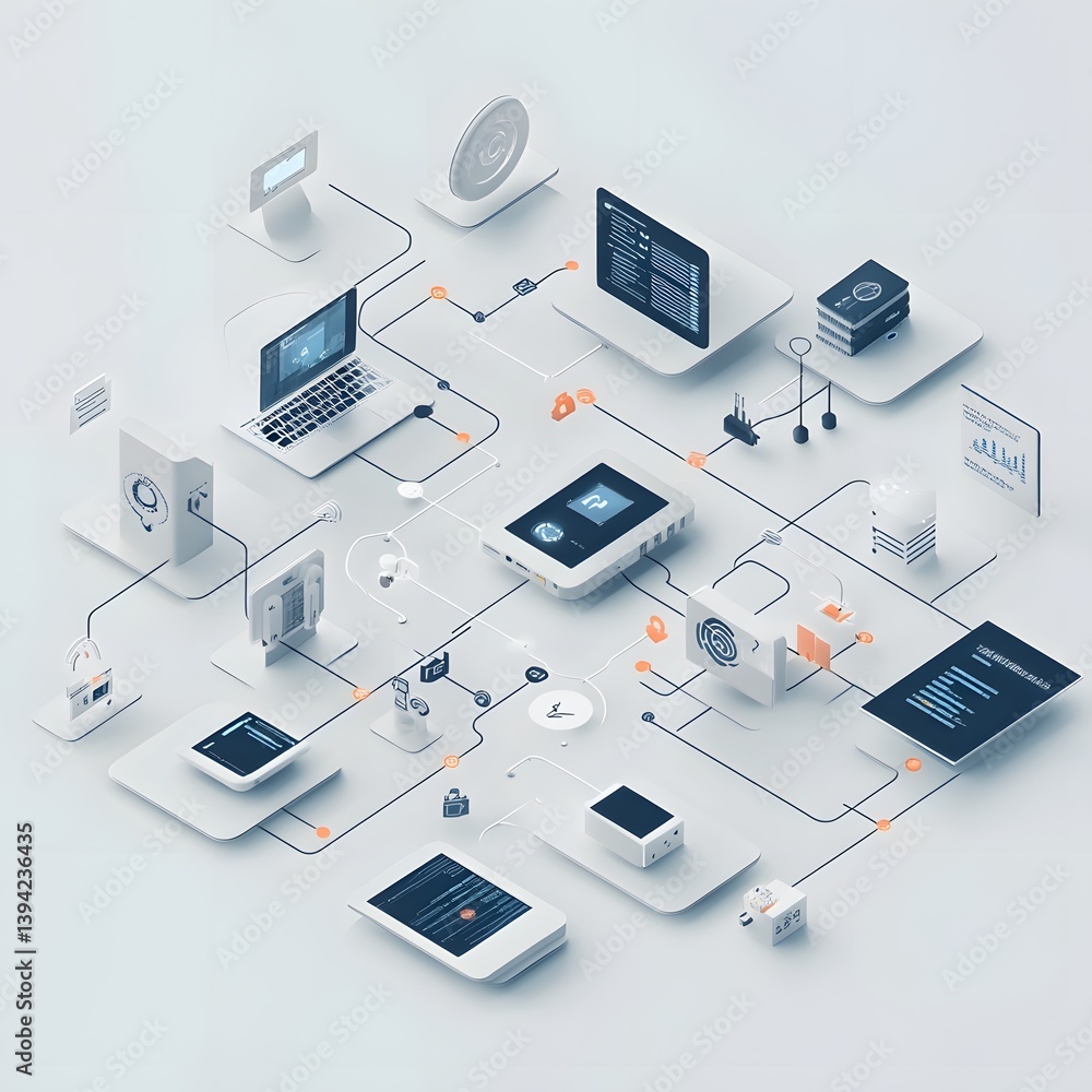 Poster modern illustration of interconnected technology and network infrastructure, depicting advanced conn