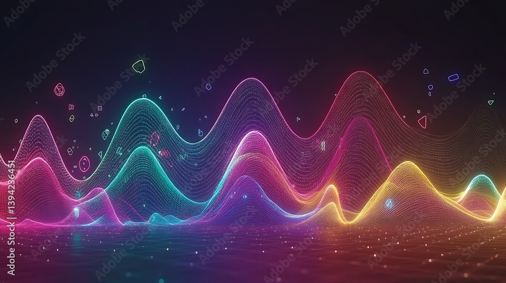 Poster abstract vibrant data visualization. dynamic, colorful waves of interconnected lines and particles. 
