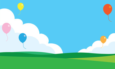 風船の飛ぶ草原の背景ベクターイラスト