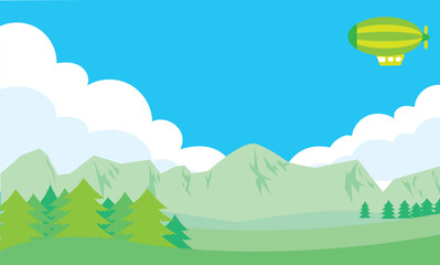 Fototapeta premium 山間に飛ぶ飛行船の背景イラスト素材