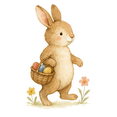 Easter Bunny Holding Basket of Colorful Eggs with Flowers in Watercolor