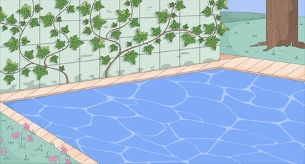 Obraz premium Lo-fi garden pond with tiled ivy wall flat illustration background. Clear blue water, calming peaceful vines leaves. Grassy lawn, tree trunk 2D cartoon backdrop. Colorful scene vector art image