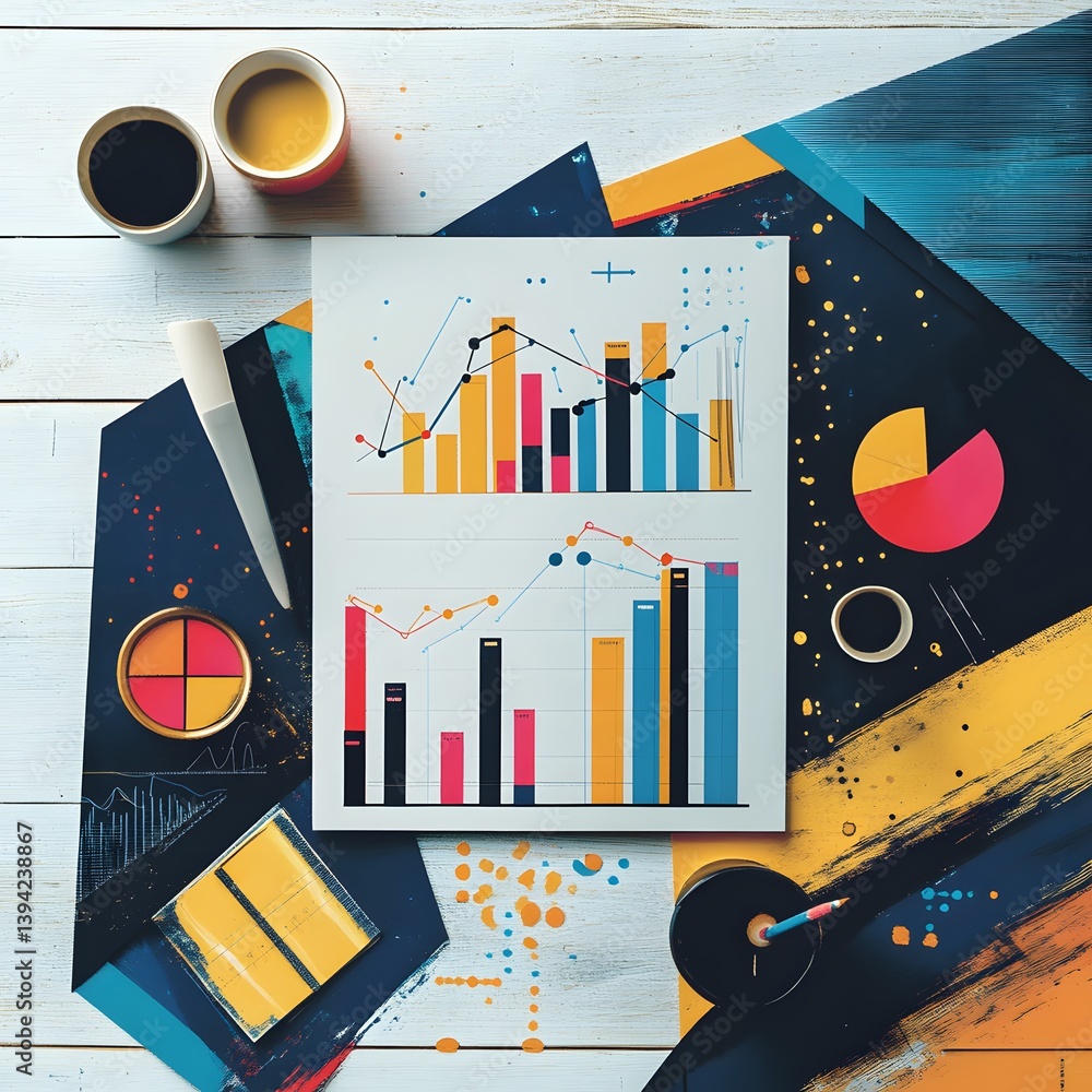 Poster colorful graphs and charts representing financial data and business analytics laid on the table. the