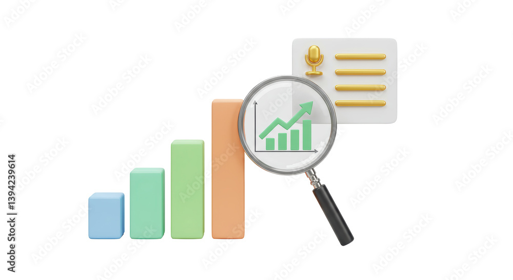 Poster isolated data analytics with magnifying glass and growth chart