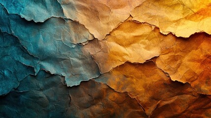 Fototapeta premium Textured wrinkled paper in teal and orange tones.