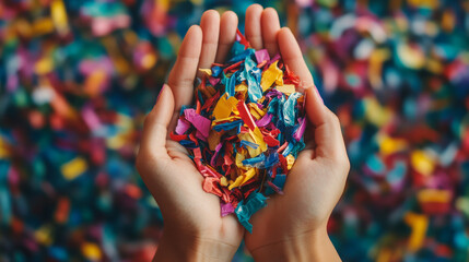 Celebrating colorful moments confetti in hands festive environment close-up shot vibrant celebration concept