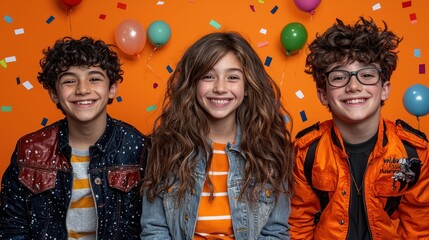 Three cheerful children smiling, celebrating a birthday or special occasion, surrounded by colorful balloons and confetti.