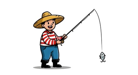 Playful cartoon fisherman in action pose, catching fish, wearing boots and hat, ideal for merchandise, badges, or animated video content