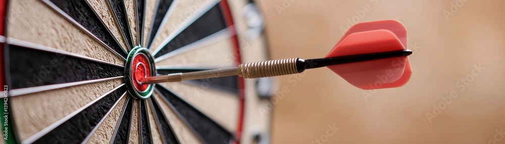 Poster close-up view of dart hitting the bullseye on a dartboard in a warm indoor setting
