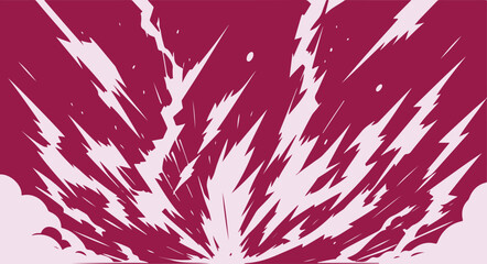 Cartoon electric thunder bolt effect, thunderstorm lightning. Vector glowing charges hitting the ground with energy and smoke, convey a sense of power, intensity and magical otherworldly force