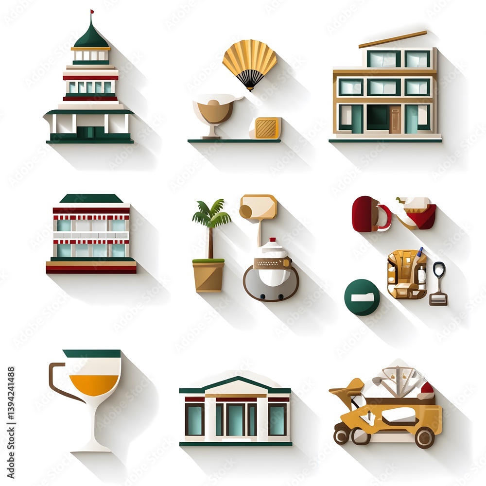 Poster nine different building and objects that depicts daily life, with long shadows