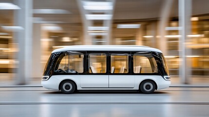 Modern autonomous shuttle moving through a city