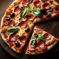 Pepperoni pizza with olives and basil.  A whole pizza with a slice removed, showcasing the toppings of pepperoni, olives, and fresh basil.  Melted cheese is visible