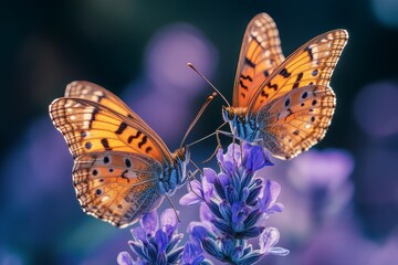Obraz premium Two butterflies resting on a purple sage flower with soft sunlight and a blurred background, capturing the beauty of nature and peaceful moment.