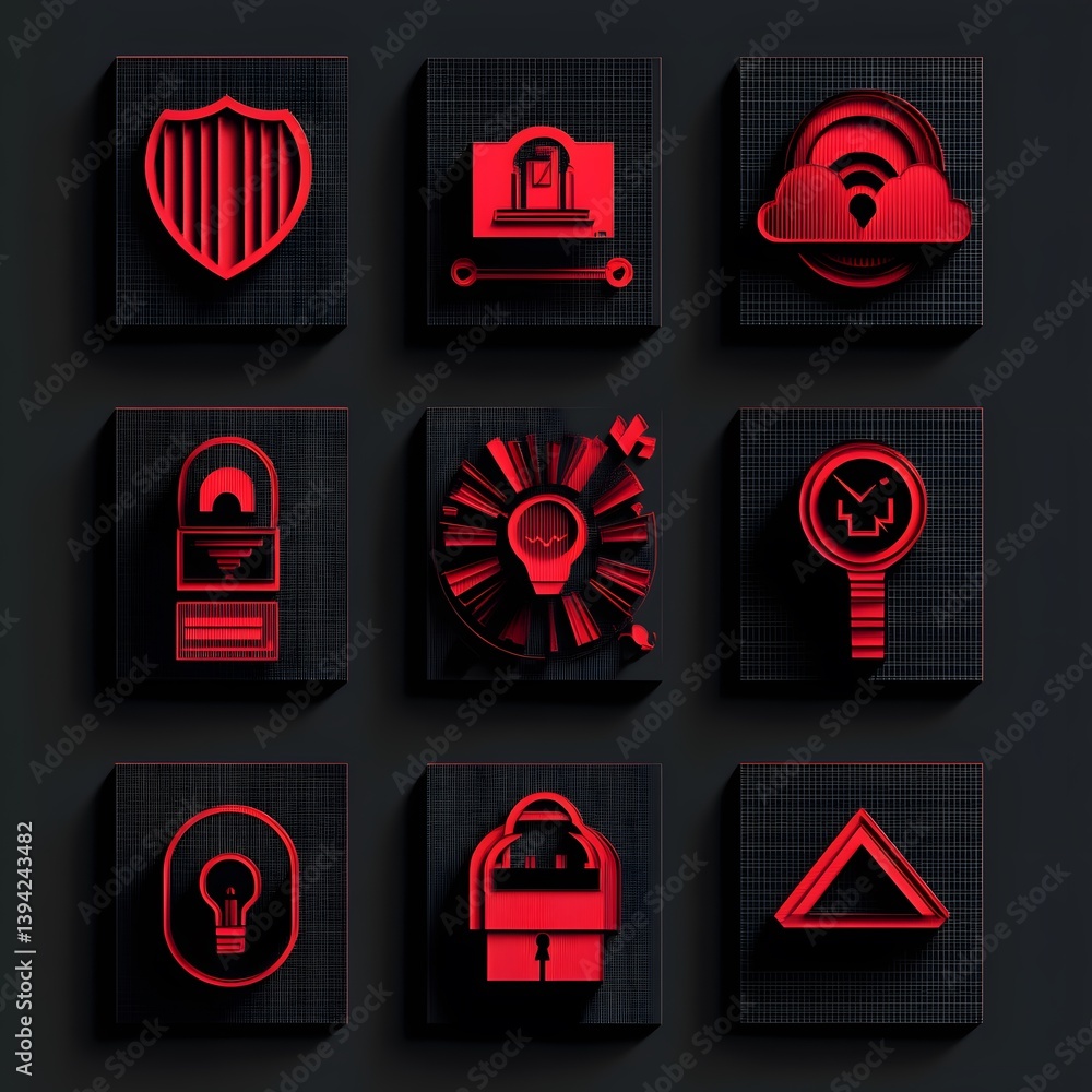 Poster nine tech icons in various geometric shapes displayed in the dark wooden squares. they each symboliz