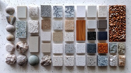 Variety of countertop samples displayed in a grid pattern, showcasing diverse colors, textures, and materials.