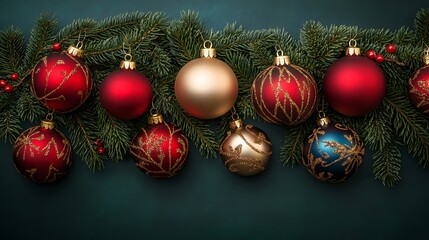 Fototapeta premium Christmas Ornament Garland Red Gold Green Fir Branches