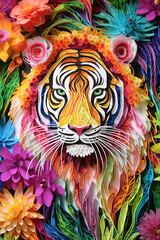 Detailed papercraft portrait of a tiger face with green eyes and bold stripes, framed by an ornate quilled mane and a lush bed of vibrant paper flowers