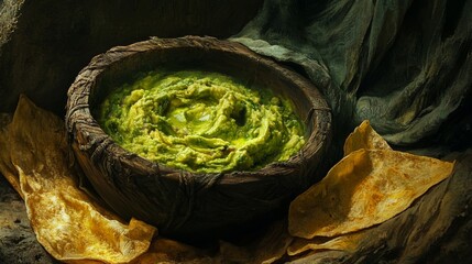 Obraz premium Vibrant Green Guacamole in Rustic Bowl with Tortilla Chips