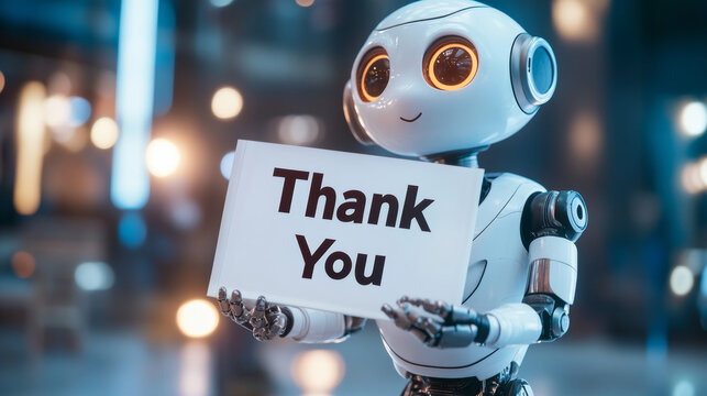 Grateful robot expresses thanks at futuristic tech expo digital art display urban environment close-up perspective