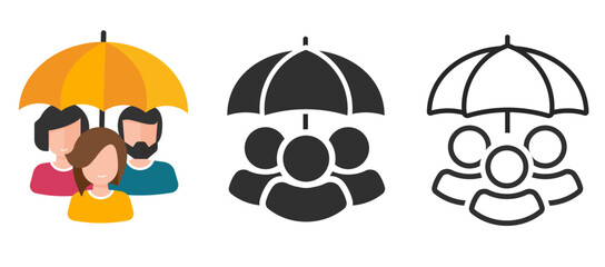 People under umbrella icon, family life insurance safety sign line stroke outline solid graphic illustration set, flat cartoon solid person group team safeguard protection pictogram image clip art