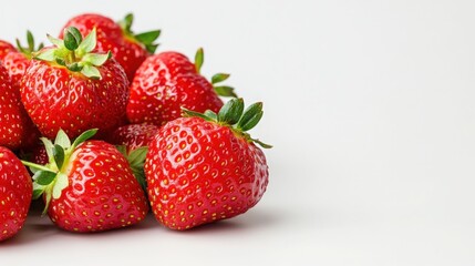 A group of strawberries in the corner of the frame, the rest is a pure white background 