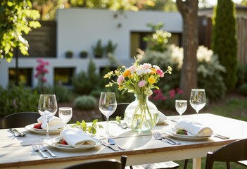 Elegant outdoor dining table set with flowers in a garden  