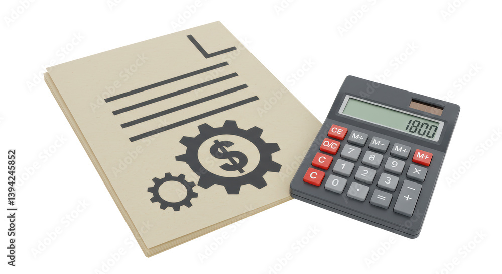 Poster isolated invoice and calculator with gears for business