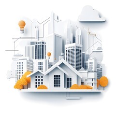 Naklejka premium A modern city and house model showcasing the concept of smart home technology and a connected urban environment. It displays a sense of innovation and futuristic design.