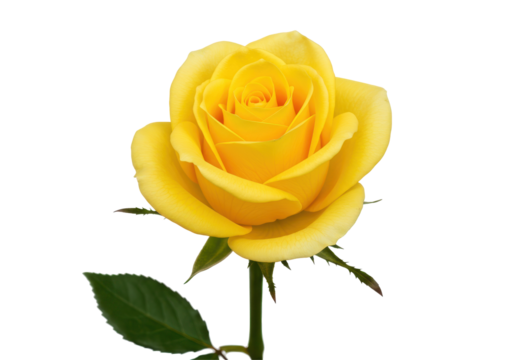 Vibrant yellow rose in full bloom with green leaves on a transparent background