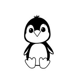 Fototapeta premium Cute cartoon penguin illustration with big eyes, sitting and looking forward against a white background.