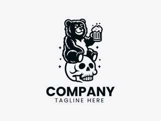 Cheerful Bear Skull Beer Mug Logo, Cartoon Bear Skull Beer Logo