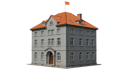 Isolated Government Building with Orange Flag