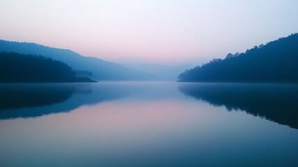 Fototapeta premium Tranquil sunrise reflection over serene lake natural landscape morning calmness scenic view peaceful atmosphere