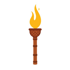 Classic Tiki torch illuminating with flame against white background, simplicity