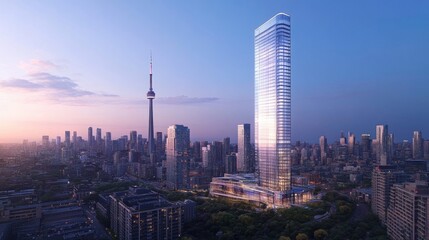 Naklejka premium Modern Glass Skyscraper at Sunset Over City Skyline