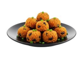 Deliciously arranged orange rice balls with black beans and green onions on a plate