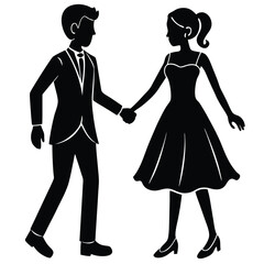 Elegant Couple Holding Hands Silhouette Simple Black And White Illustration Graphic.