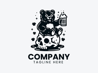 Cheerful Bear Skull Beer Mug Logo, Cartoon Bear Skull Beer Logo