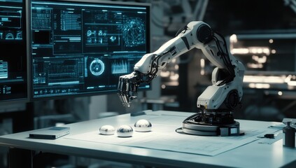 Advanced robotic arm manipulating objects in a lab setting