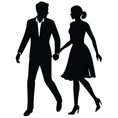 Silhouette Of Elegant Couple Walking Holding Hands Fashion And Romance Concept.