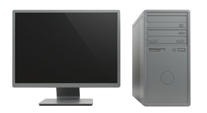 Isolated Grey Desktop Computer Setup with Monitor and Tower