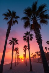 Palm tree alley on tropical beach at sunset with colorful sky and sun on horizon, summer vacation and travel destination concept