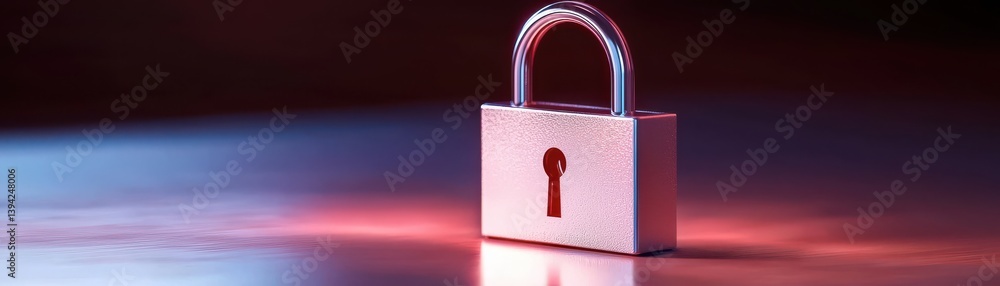 Poster secure lock on reflective surface with dramatic lighting for privacy and protection concepts